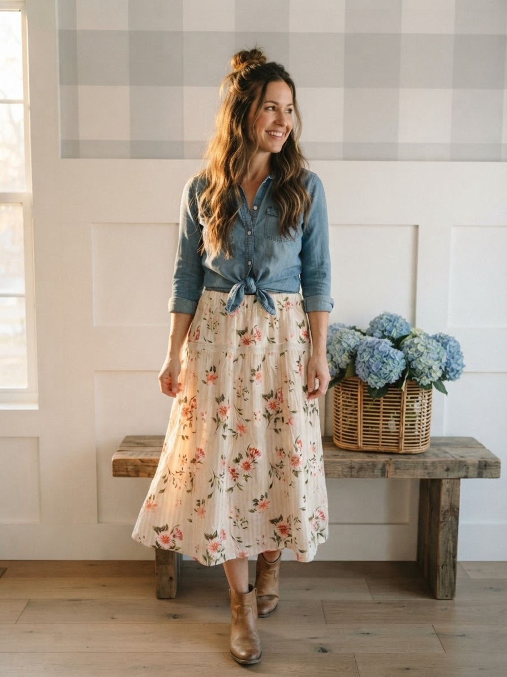 Mexx Cream Floral Tiered Maxi Skirt with Pink & Green Blossoms Large